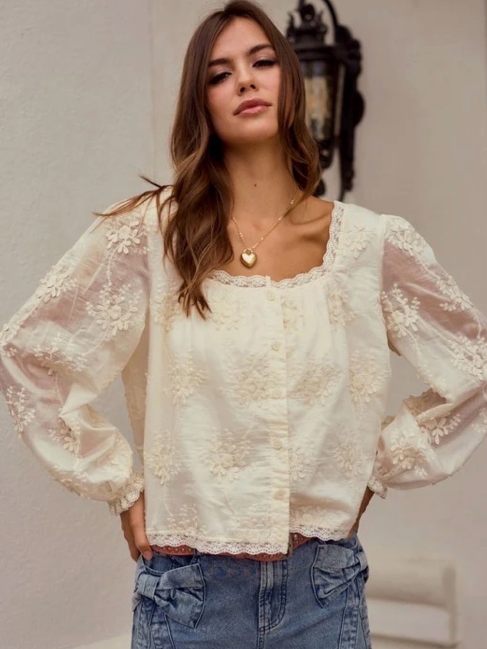 NWT The Tayla Lace Trim Blouse in Ivory From Piper & Scoot Large